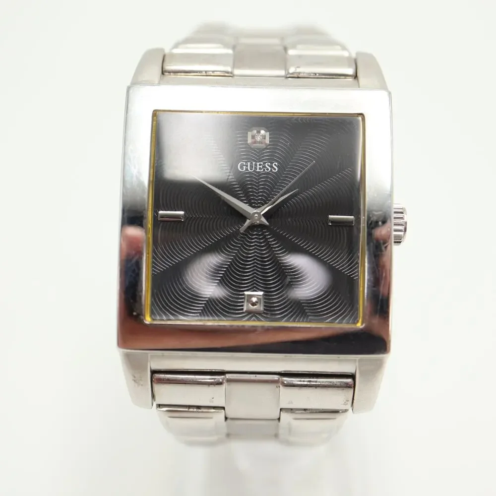 Guess Mens Jumbo Square Black 38mm Diamond Watch Stainless Steel w New Battery